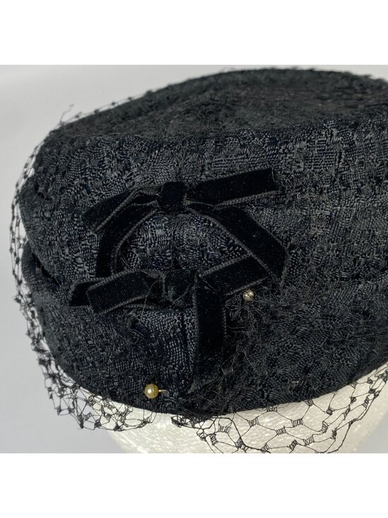 Vintage Black Tiered Pillbox Hat with Netting Veil Velvet Bows Made in USA main image 7